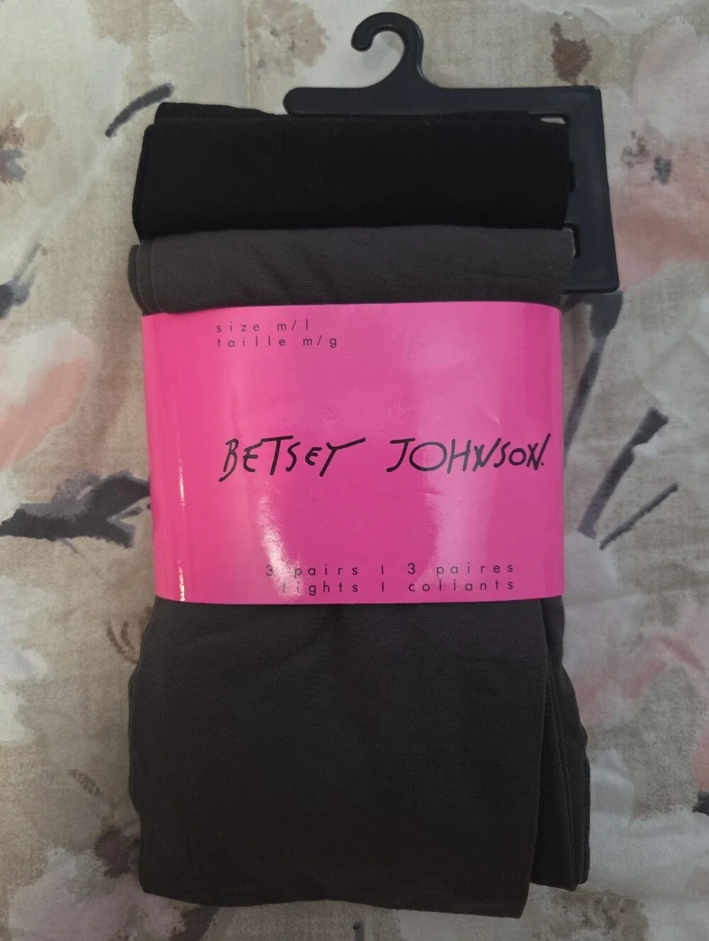 NWT Betsey Johnson 3 Pack of Womens Tights M/L 2 Black 1 Gray Nylon Spandex